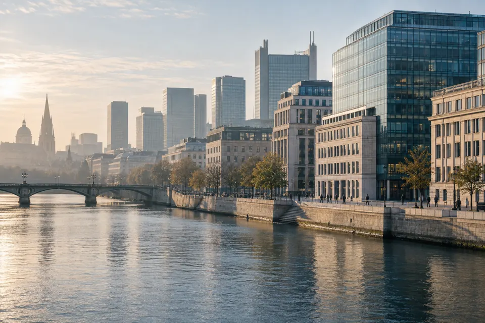 Illustrativ bild av ett internationellt finansdistrikt vid vattnet