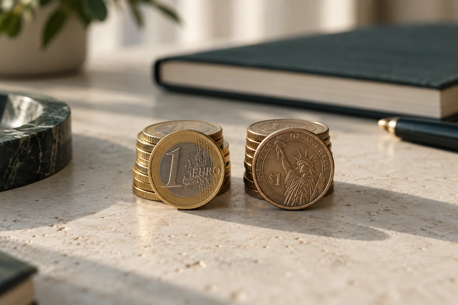 Illustration av euro- och dollarmynt på ett ljust stenbord framför en mörk anteckningsbok