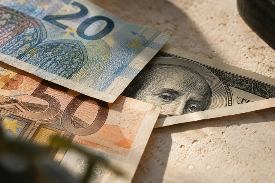 Illustrativ närbild av euro och amerikanska dollarsedlar