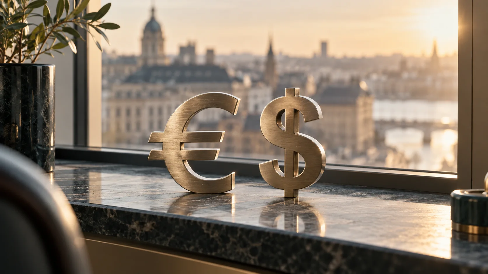 Illustration av euro- och dollarsymboler i metall på en fönsterbräda med stadsvy i bakgrunden